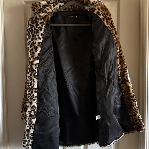 Lanshifei Womens Faux Fur Leopard Print Midi Coat Size Large Mob Wives - Picture 10 of 13